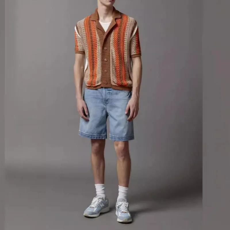 Men's Casual Contrast Striped Lapel Loose Short-sleeved Knitted Crochet Cardigan 69476972M sold by Manly product image thumbnail 4