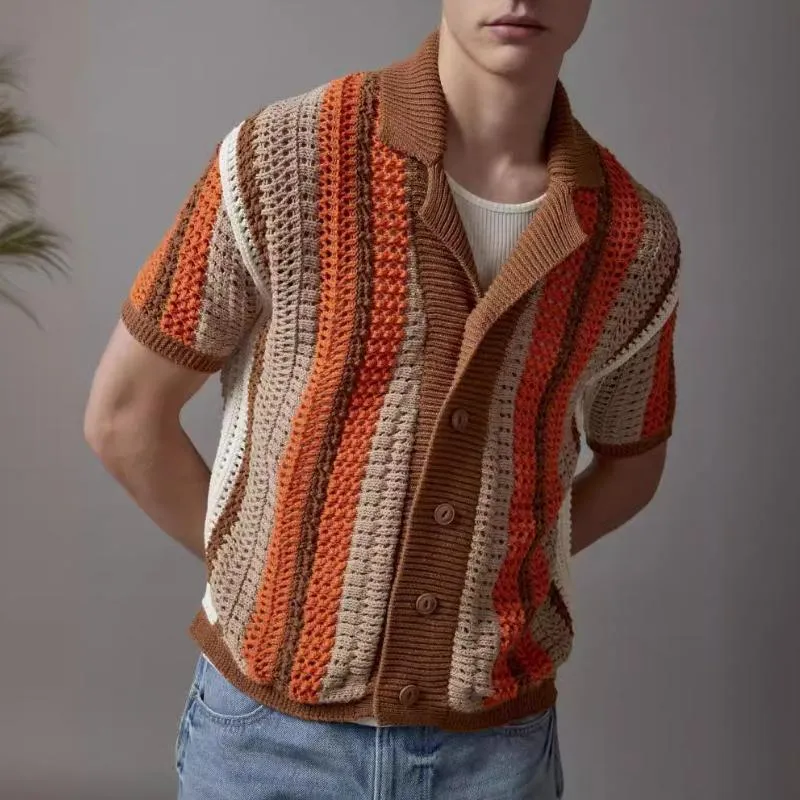 Men's Casual Contrast Striped Lapel Loose Short-sleeved Knitted Crochet Cardigan 69476972M sold by Manly product image thumbnail 2
