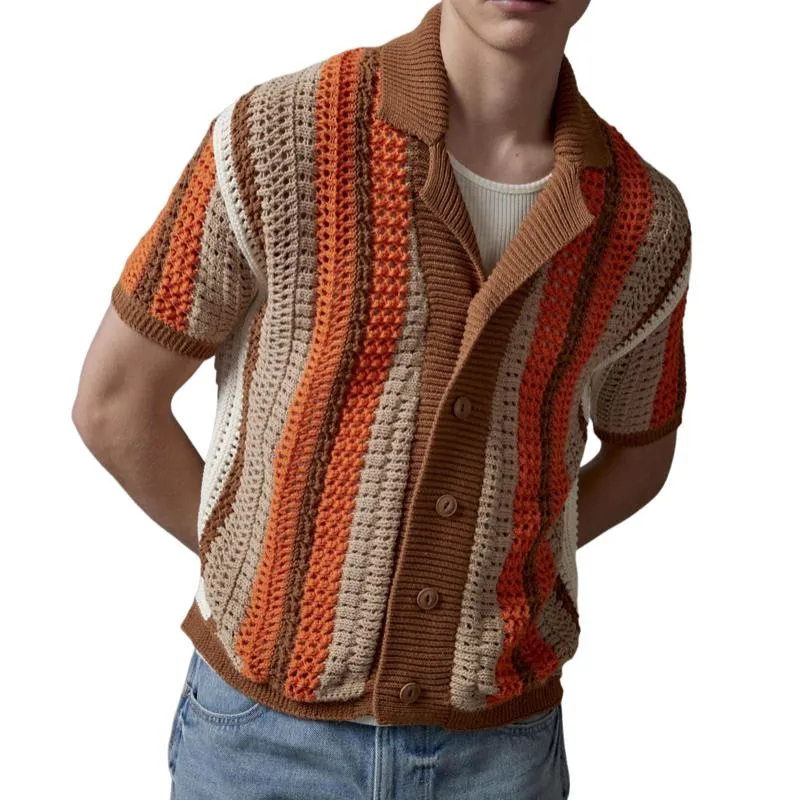 Men's Casual Contrast Striped Lapel Loose Short-sleeved Knitted Crochet Cardigan 69476972M sold by Manly