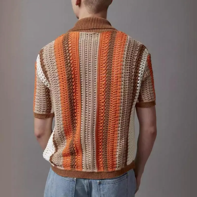 Men's Casual Contrast Striped Lapel Loose Short-sleeved Knitted Crochet Cardigan 69476972M sold by Manly product image thumbnail 3