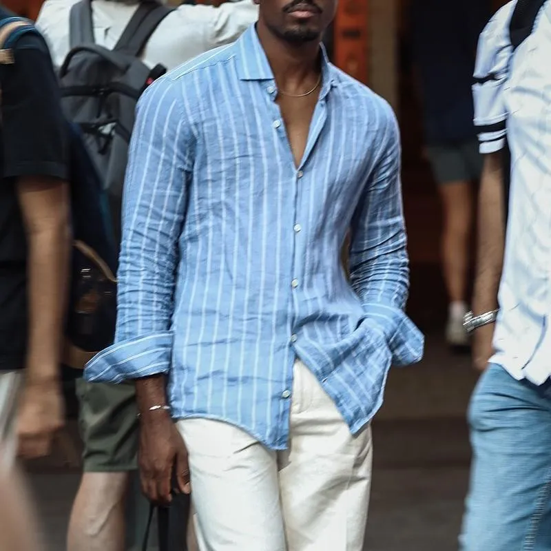 Men's Striped Lapel Long Sleeve Casual Shirt 92940646Z sold by Manly product image thumbnail 3