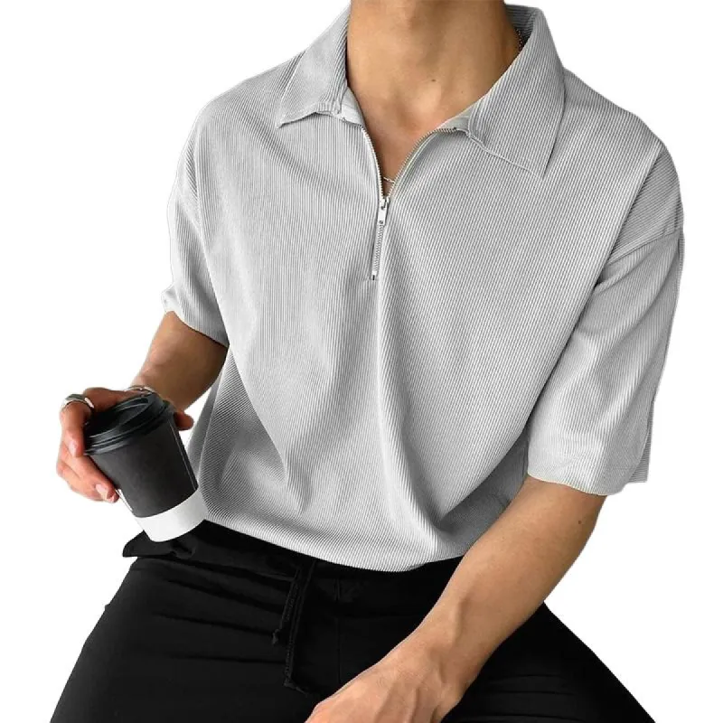 Men's Casual Vintage Striped Zipper Lapel T-Shirt 98734442TO sold by Manly