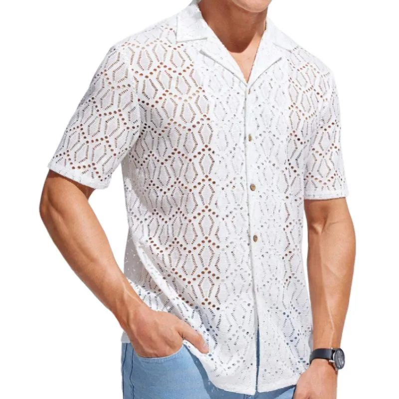 Men's Casual Solid Color Hollow Cuban Collar Short Sleeve Shirt 46231403Y sold by Manly