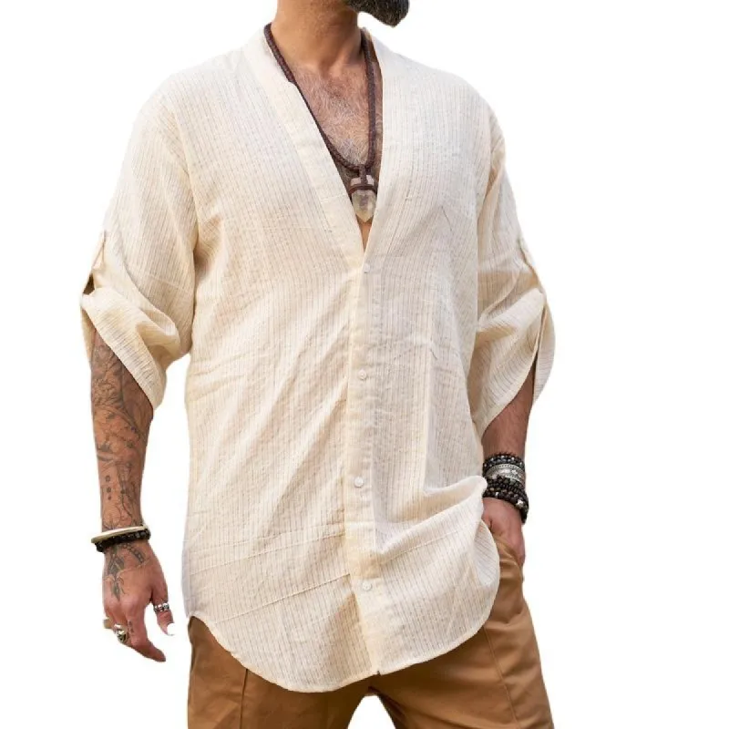 Men's Casual V-Neck Single-Breasted Loose Long-Sleeved Shirt 47704509M sold by Manly