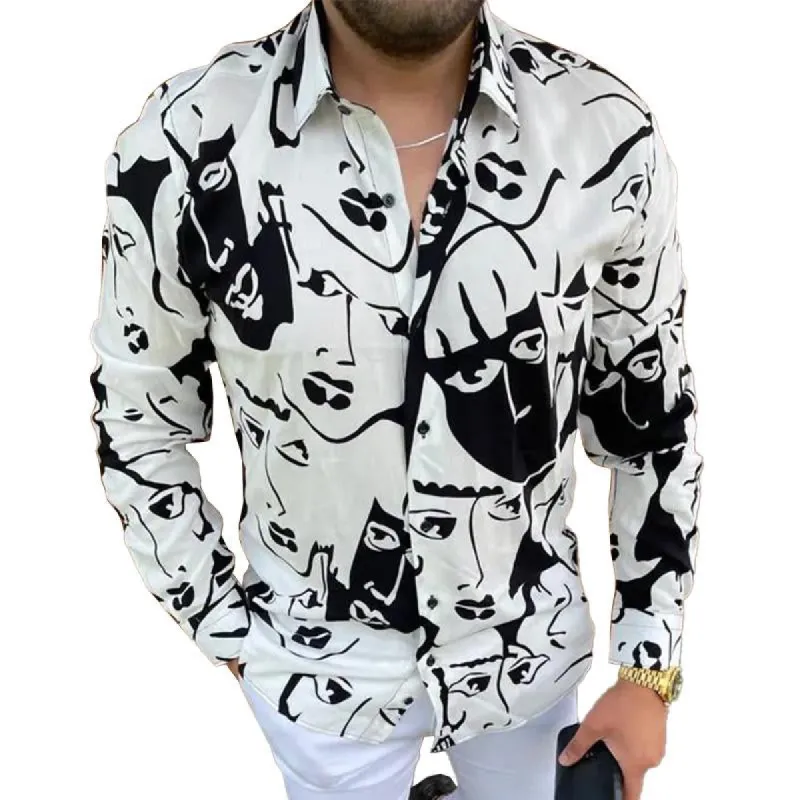 Men's Fashion Printed Slim Lapel Long Sleeve Shirt 95930073M made by Manly
