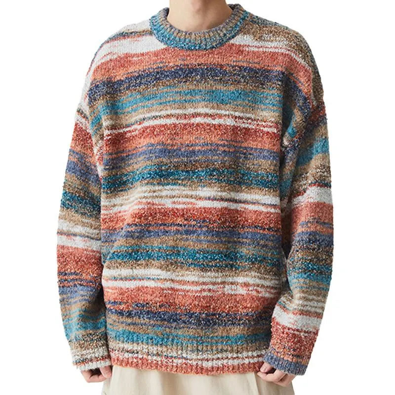 Men's Retro Rainbow Stripe Crew Neck Knitted Sweater 69721873Y sold by Manly