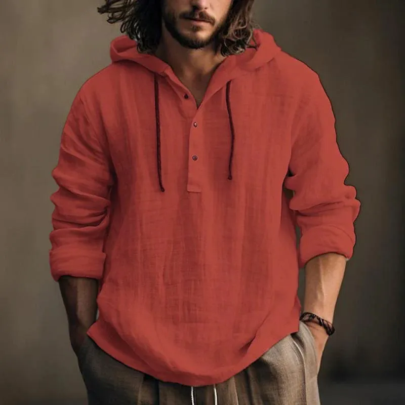 Men's Casual Solid Color Cotton Linen Hooded Long Sleeve Pullover Shirt 13517489M sold by Manly product image thumbnail 5