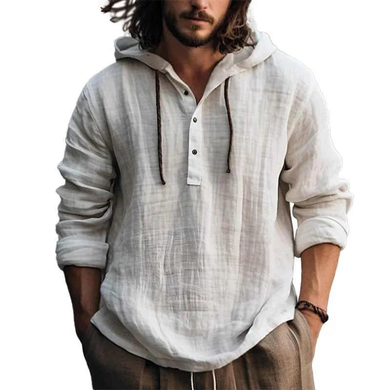 Men's Casual Solid Color Cotton Linen Hooded Long Sleeve Pullover Shirt 13517489M sold by Manly