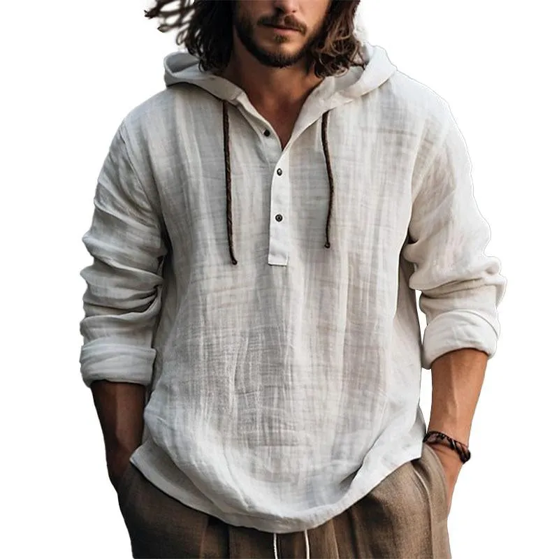 Men's Casual Solid Color Cotton Linen Hooded Long Sleeve Pullover Shirt 13517489M sold by Manly