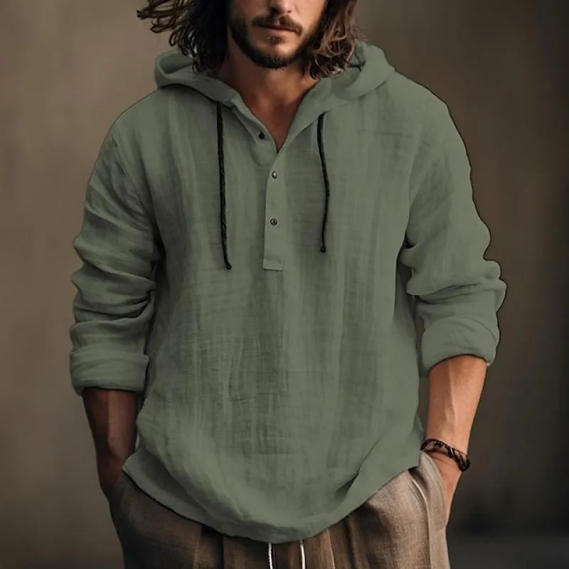 Men's Casual Solid Color Cotton Linen Hooded Long Sleeve Pullover Shirt 13517489M sold by Manly product image thumbnail 4