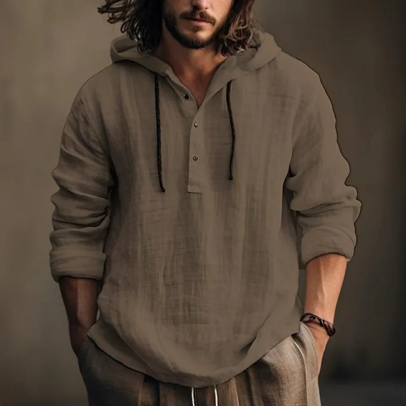 Men's Casual Solid Color Cotton Linen Hooded Long Sleeve Pullover Shirt 13517489M sold by Manly product image thumbnail 2