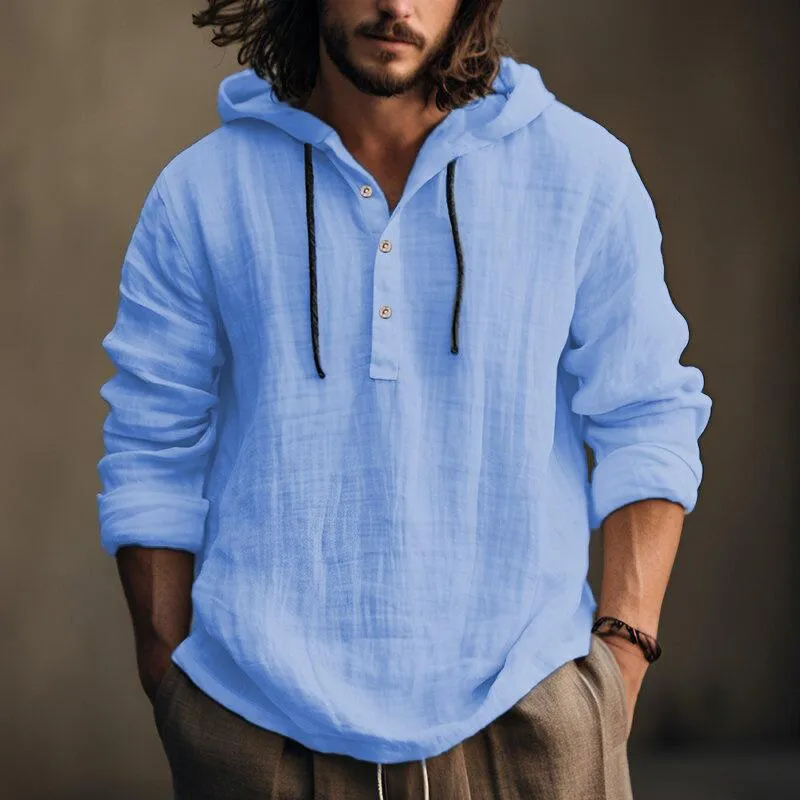 Men's Casual Solid Color Cotton Linen Hooded Long Sleeve Pullover Shirt 13517489M sold by Manly product image thumbnail 3