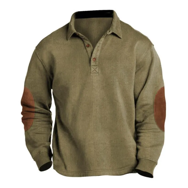 Men's Vintage Corduroy Suede Patch Lapel Long Sleeve Polo Shirt 07143483M sold by Manly