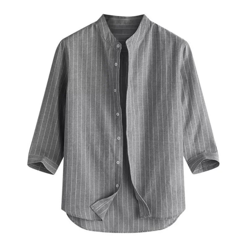 Men's Casual Striped Stand Collar Three Quarter Sleeve Shirt 80528266M sold by Manly