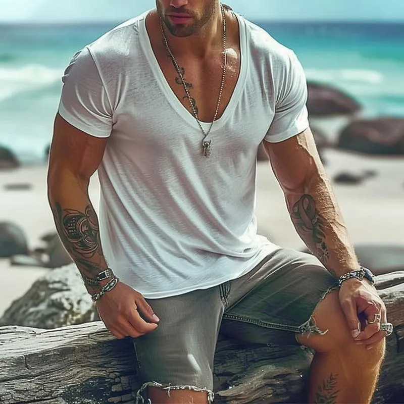 Men's Casual Cotton Blended U-neck Slim Fit Short-sleeved T-shirt 20224496M sold by Manly product image thumbnail 3