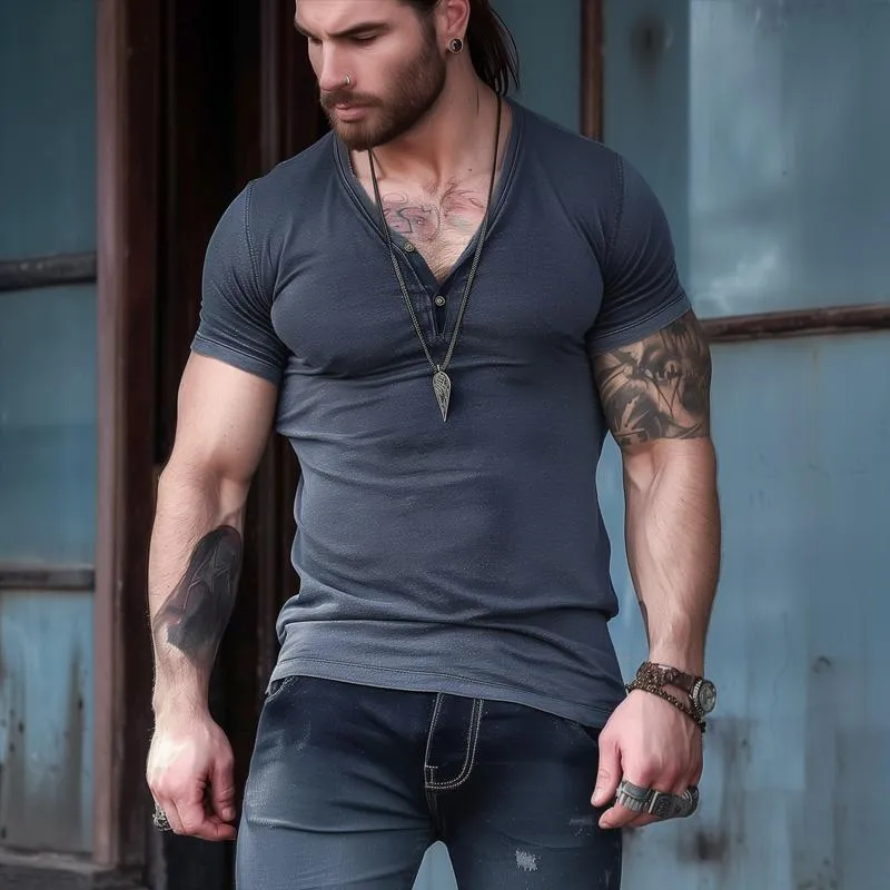Men's Solid Buttons V Neck Short Sleeve Casual T-shirt 05291147Z sold by Manly product image thumbnail 3