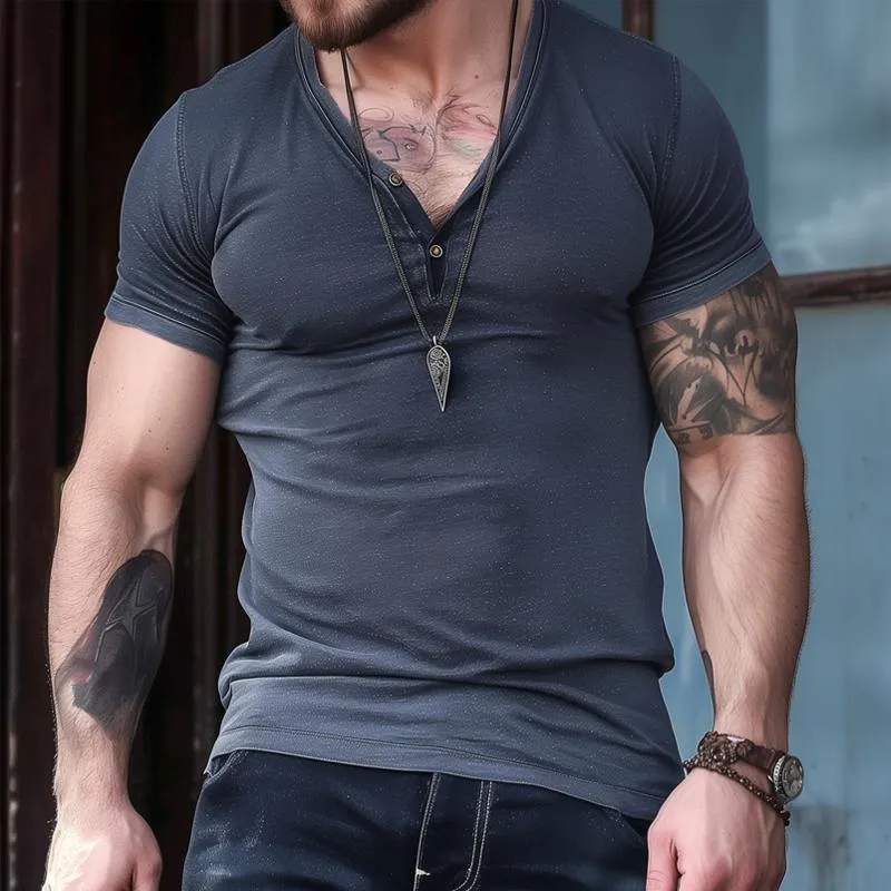 Men's Solid Buttons V Neck Short Sleeve Casual T-shirt 05291147Z sold by Manly product image thumbnail 2