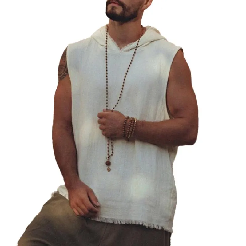 Men's Loose Hooded Cotton And Linen Sleeveless Tank Top 12287511Z sold by Manly