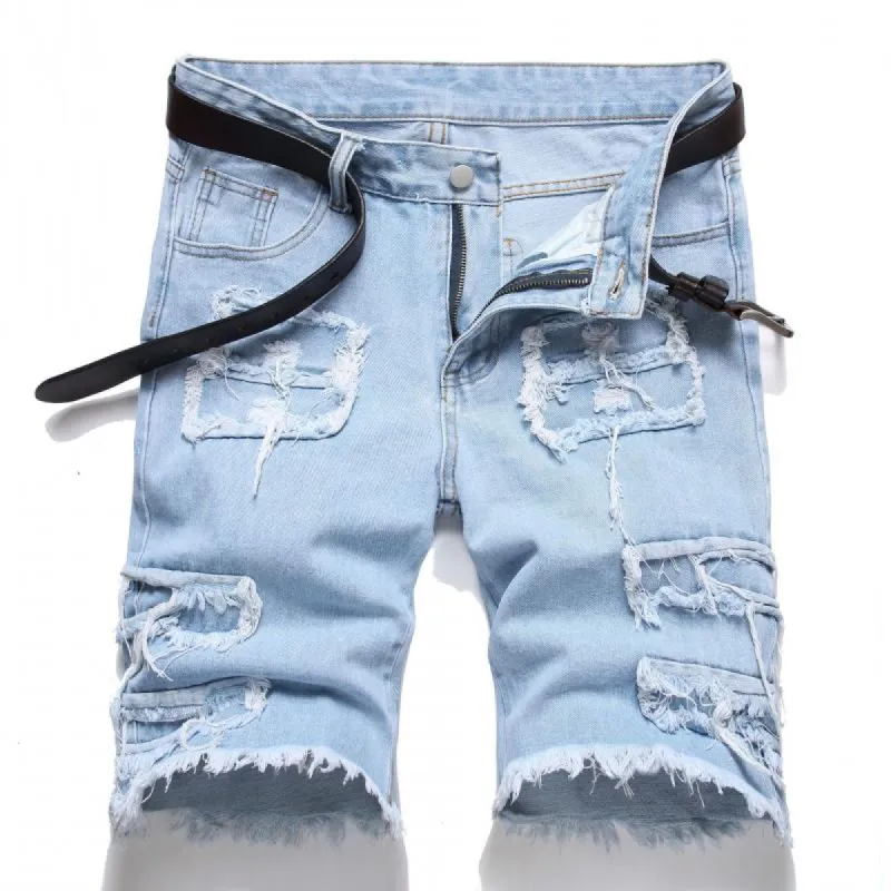Men's Fashion  Distressed Patch Straight Denim Shorts 07940431Z sold by Manly