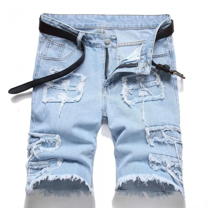 Men's Fashion Distressed Patch Straight Denim Shorts 07940431Z sold by Manly