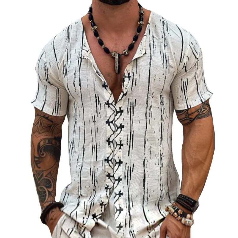 Men's Retro Casual Ethnic Beach Linen Short-sleeved Zipper Shirt 06554788TO sold by Manly