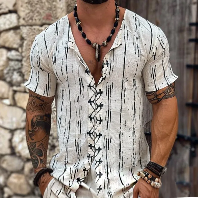 Men's Retro Casual Ethnic Beach Linen Short-sleeved Zipper Shirt 06554788TO sold by Manly product image thumbnail 2