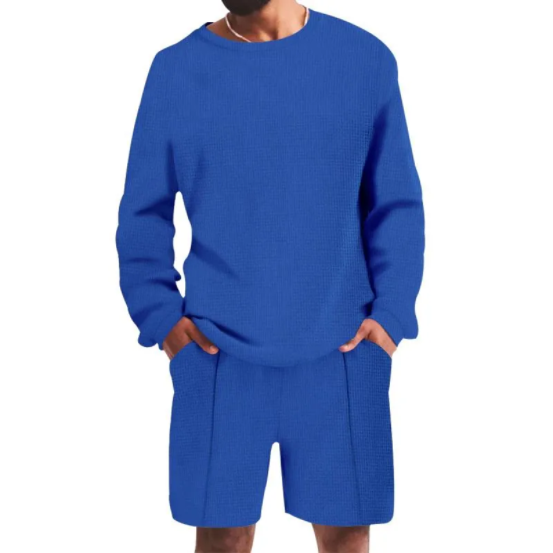 Men's Casual Sports Solid Color Waffle Round Neck Long Sleeve Hoodie Shorts Set 91439062M sold by Manly