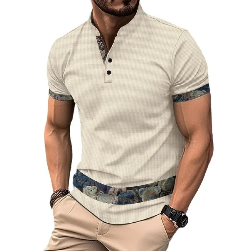 Men's Casual Waffle Stand Collar Patchwork Short-sleeved T-shirt 68823593M sold by Manly