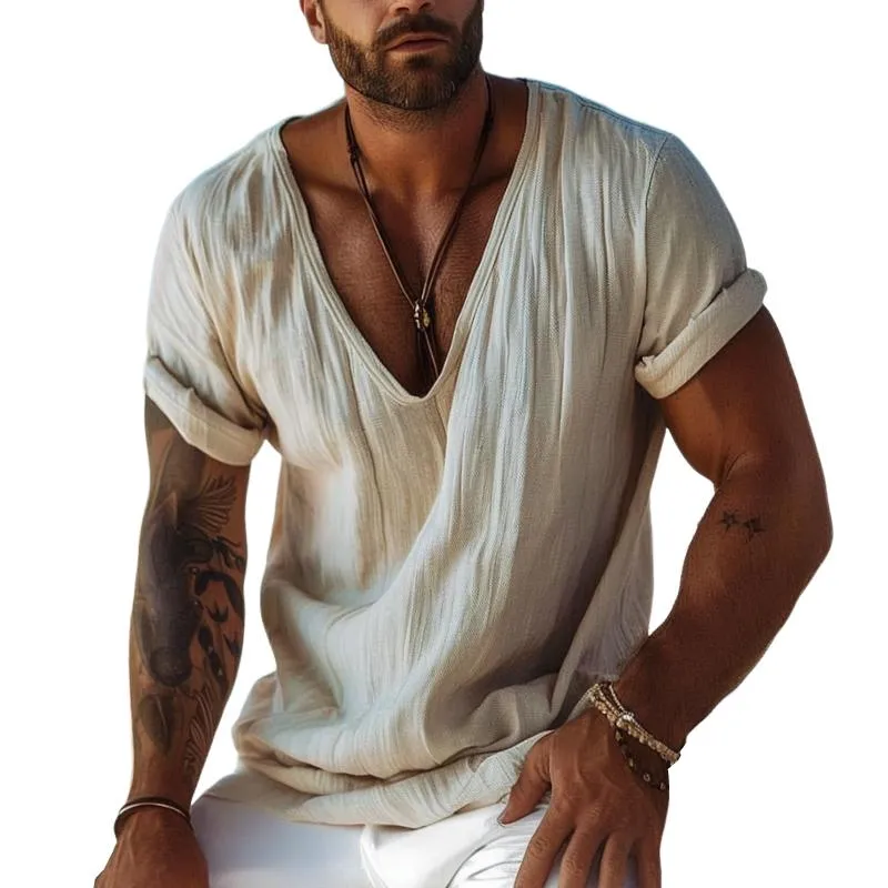 Men's Casual Solid Color Cotton and Linen Short-sleeved T-shirt 17671994TO sold by Manly