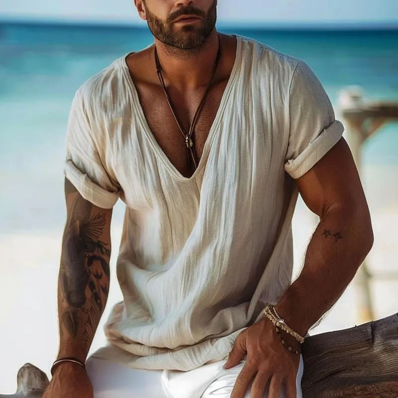 Men's Casual Solid Color Cotton and Linen Short-sleeved T-shirt 17671994TO sold by Manly product image thumbnail 2