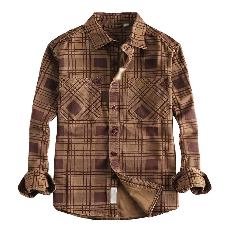 Men's Vintage Plaid Cotton Patch Pocket Flap Long Sleeve Shirt 23502909M sold by Manly