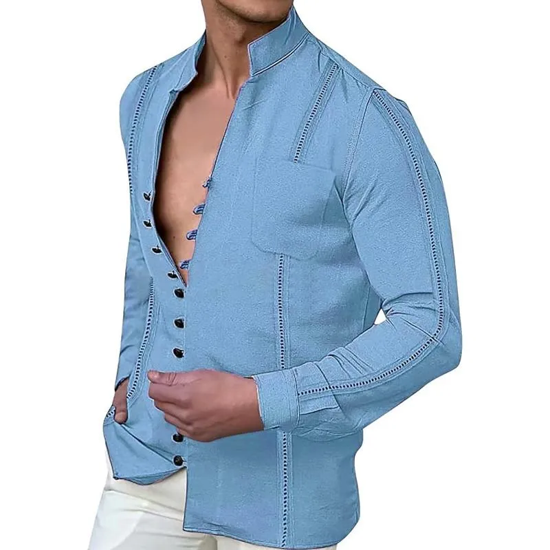 Men's Casual Solid Color Linen Stand-Up Collar Buttoned Long-Sleeved Shirt 15650253M sold by Manly product image thumbnail 3