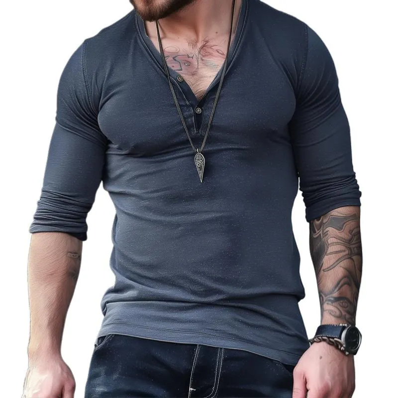 Men's Solid Color V Neck Long Sleeve T-shirt 66316727Z sold by Manly