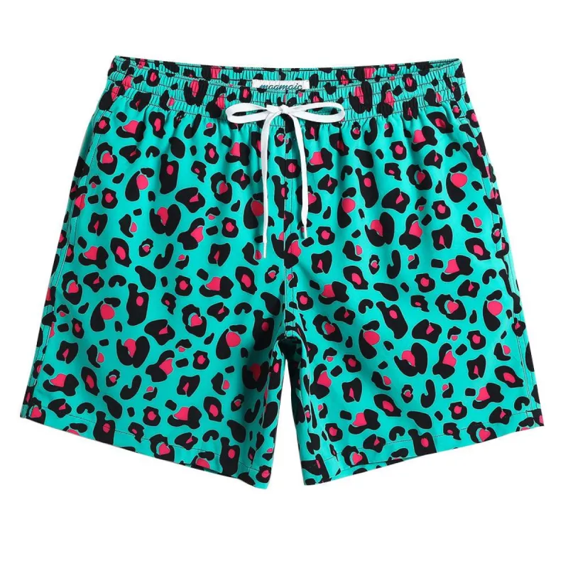 7 Inch Inseam Stretch Green Leopard Swim Trunks made by maamgic