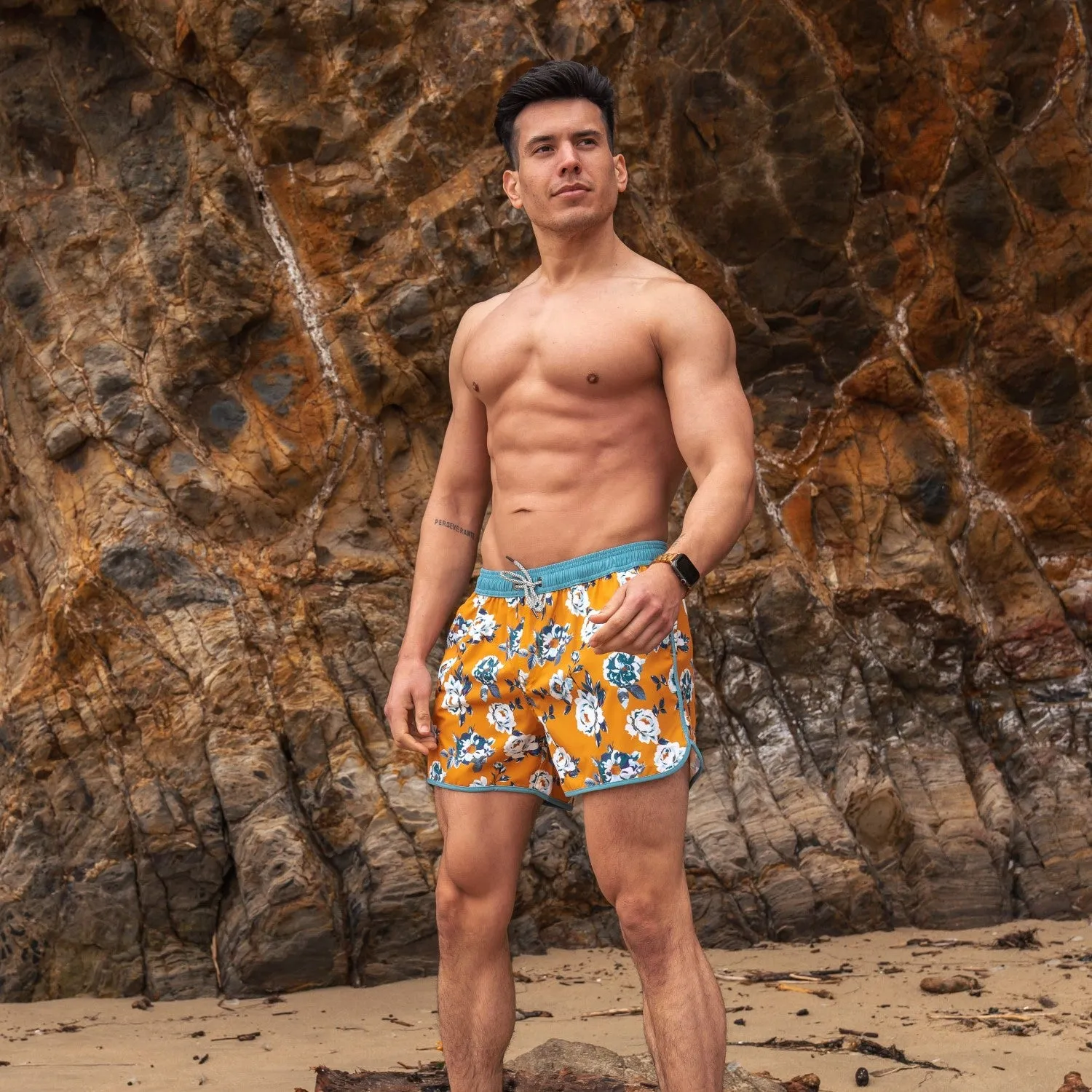 4.5 Inch Inseam Vintage Stretch White Peony Swim Trunks sold by maamgic product image thumbnail 2