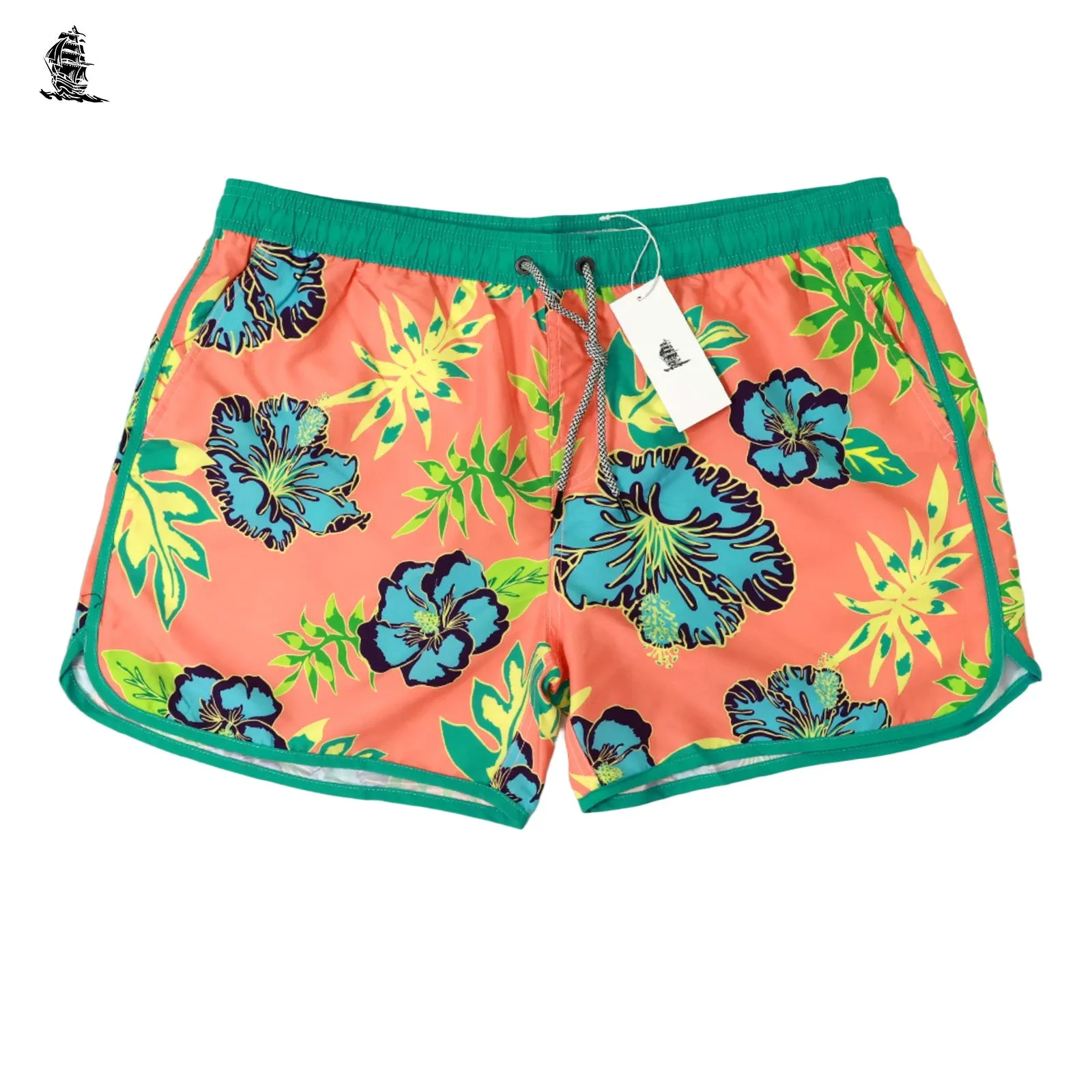 4.5 Inch Inseam Vintage Bluebird Hibiscus Swim Trunks sold by maamgic