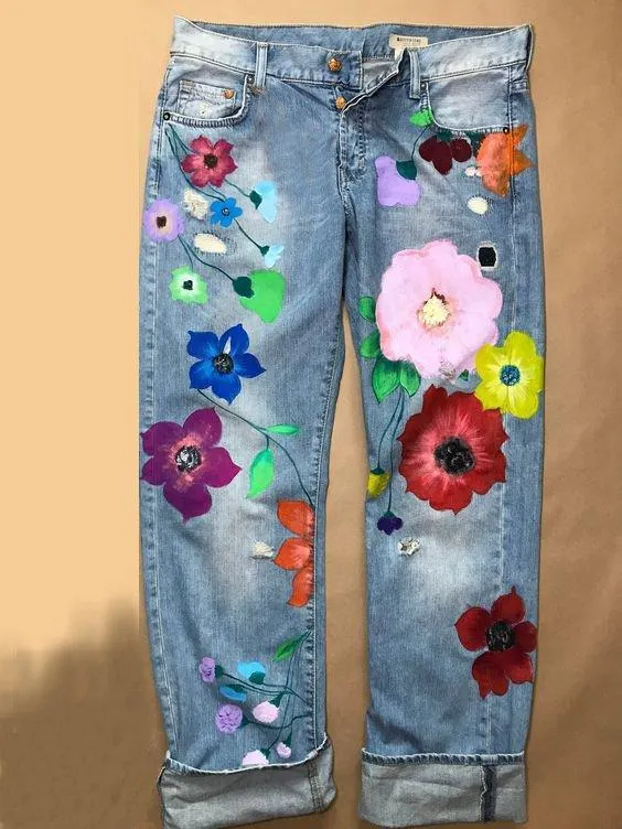 Denim Floral Casual Pants sold by superladystar