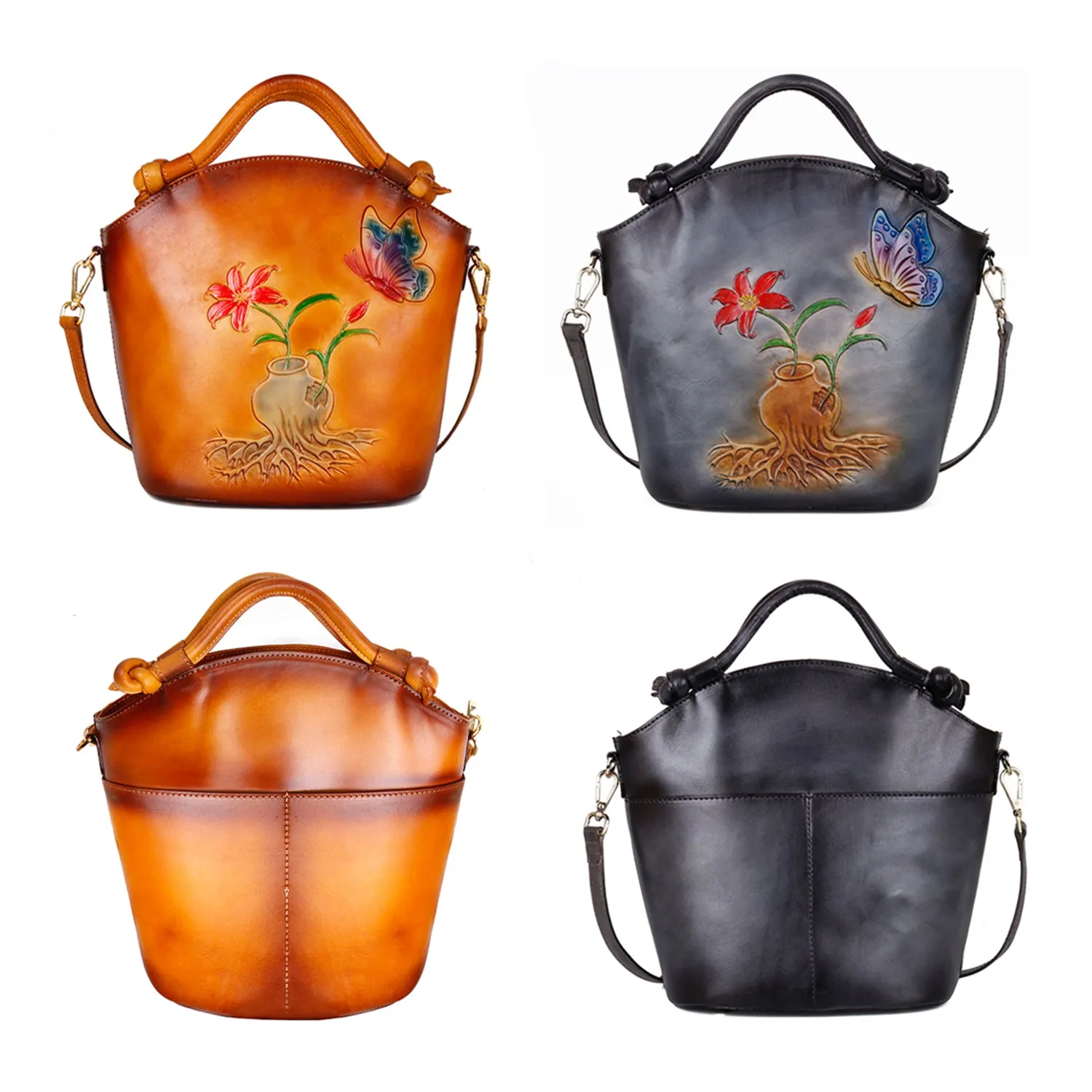 Vintage Embossed Floral Leather Fashion Bucket Bag sold by superladystar product image thumbnail 3