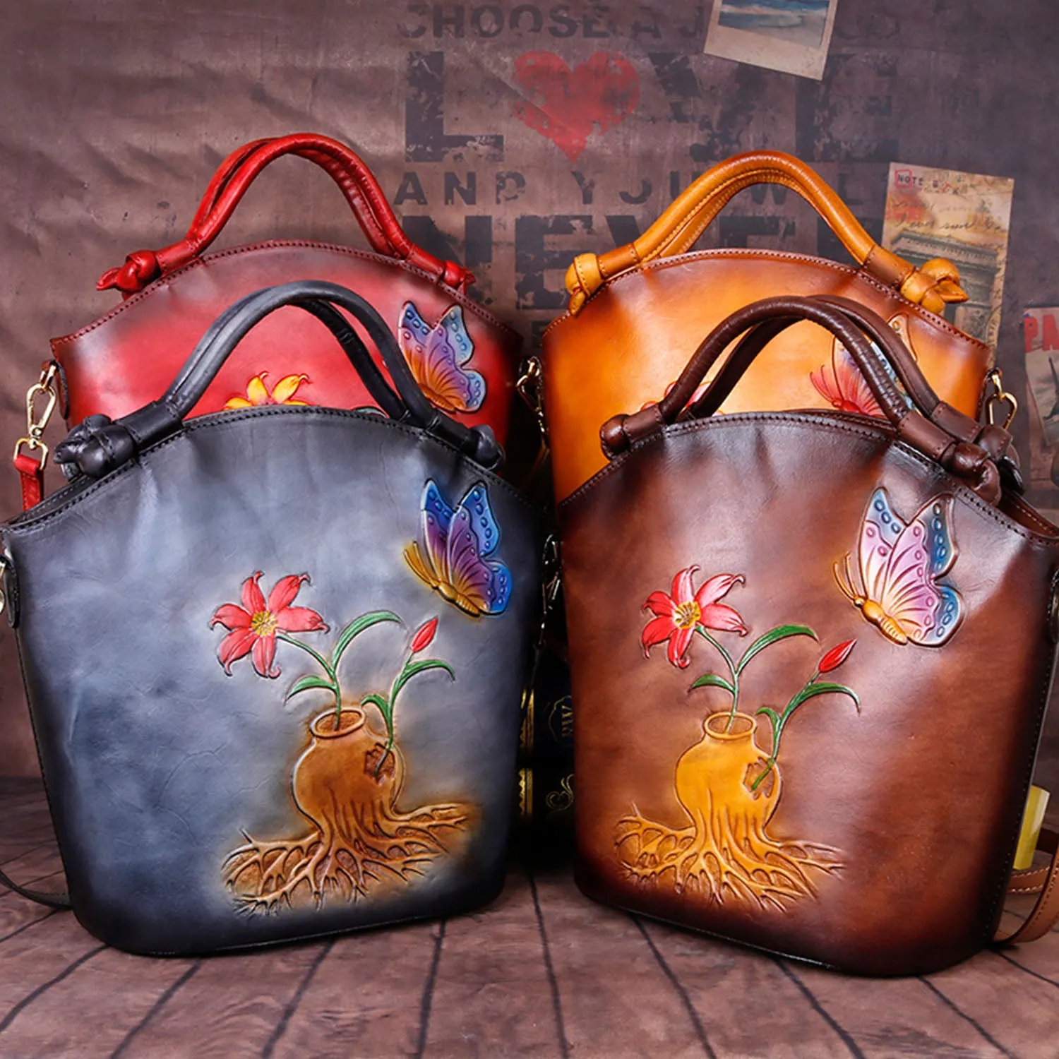 Vintage Embossed Floral Leather Fashion Bucket Bag sold by superladystar product image thumbnail 2