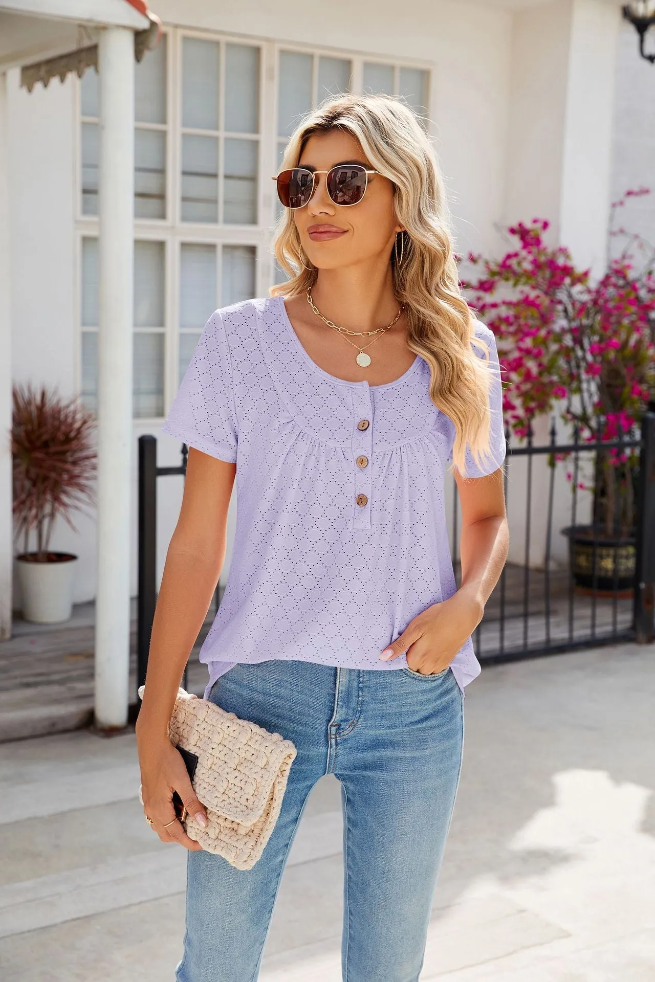 Solid Color Round Neck Loose Fit with Buttons T-shirt sold by superladystar product image thumbnail 2