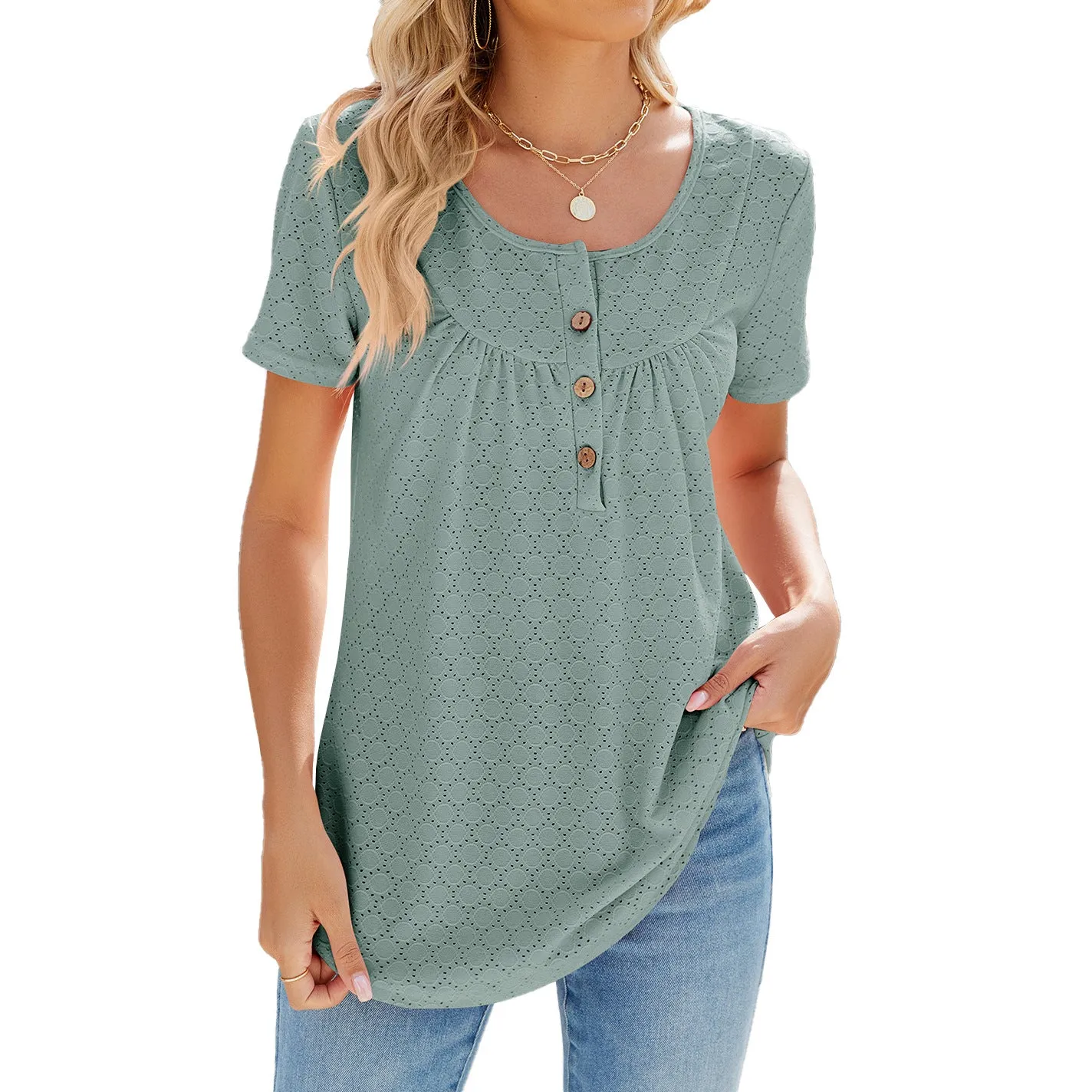 Solid Color Round Neck Loose Fit with Buttons T-shirt sold by superladystar product image thumbnail 4