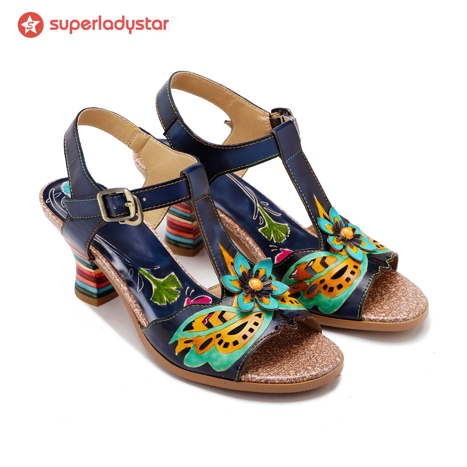 Retro Handmade Colored Stripe Heel Comfy Sandals sold by superladystar product image thumbnail 4