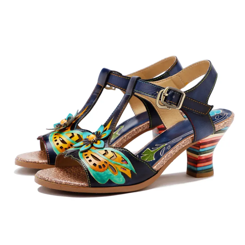 Retro Handmade Colored Stripe Heel Comfy Sandals sold by superladystar