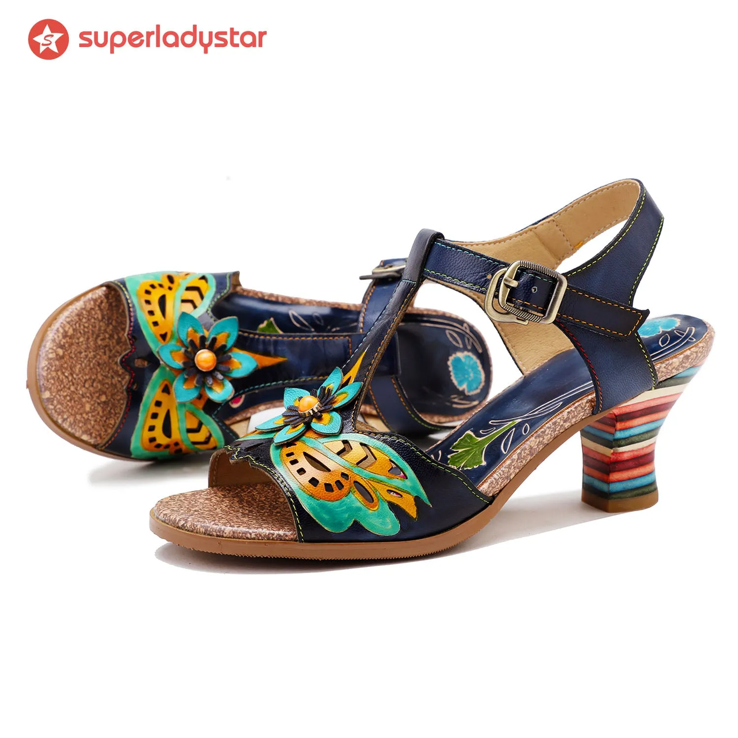 Retro Handmade Colored Stripe Heel Comfy Sandals sold by superladystar product image thumbnail 2