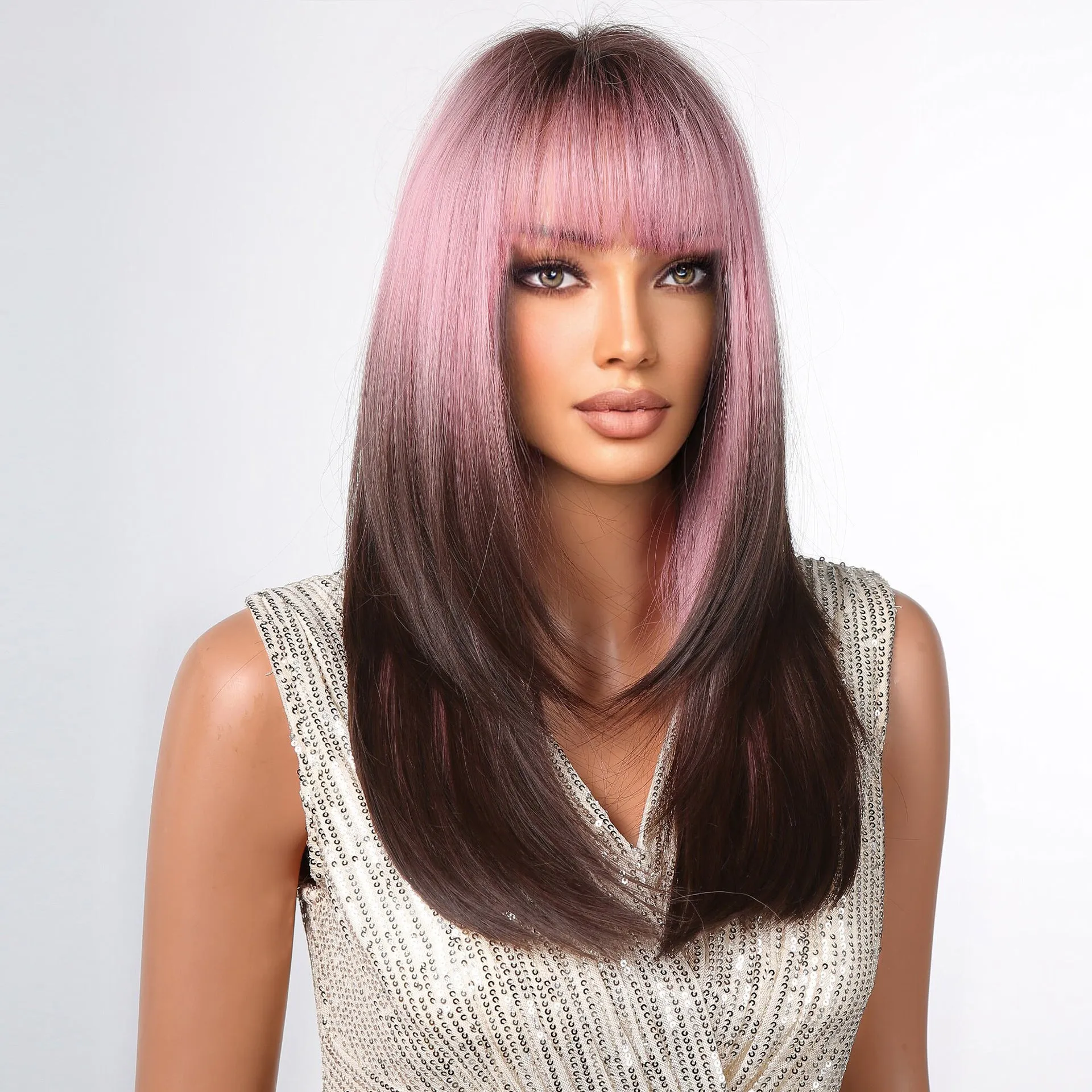 Punk Style Pink Gradient Deep Brown Bob Cut Straight Hair Wig with Bangs sold by superladystar product image thumbnail 5