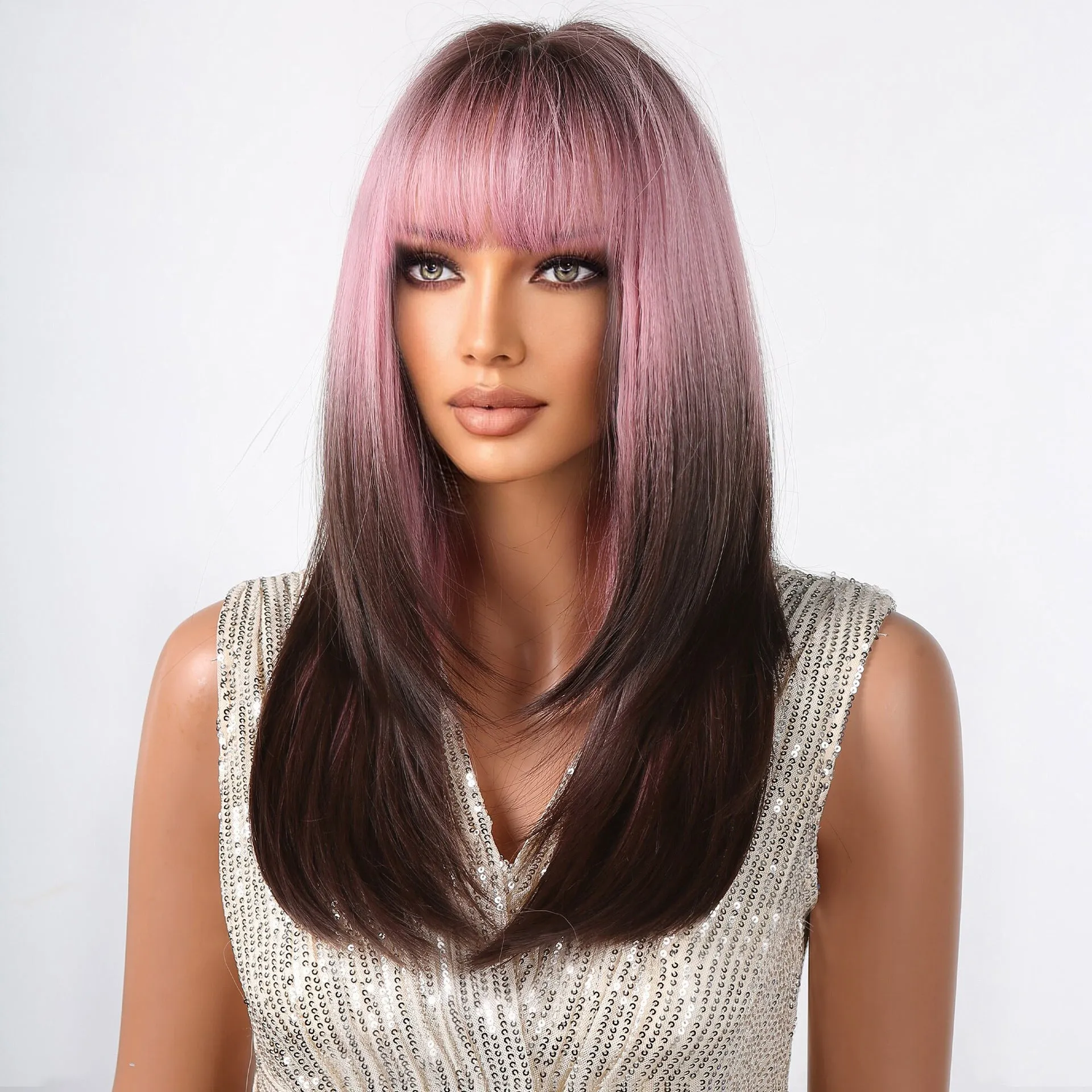 Punk Style Pink Gradient Deep Brown Bob Cut Straight Hair Wig with Bangs sold by superladystar product image thumbnail 4