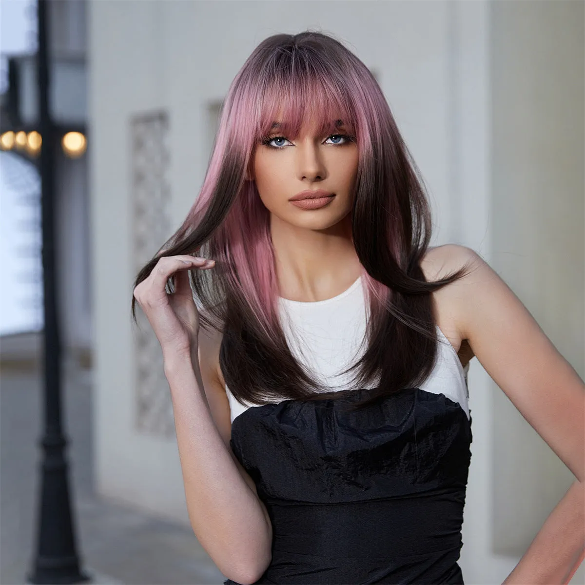 Punk Style Pink Gradient Deep Brown Bob Cut Straight Hair Wig with Bangs sold by superladystar product image thumbnail 2