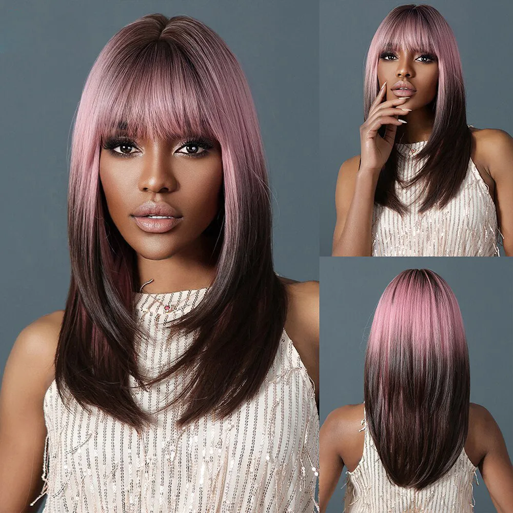 Punk Style Pink Gradient Deep Brown Bob Cut Straight Hair Wig with Bangs sold by superladystar product image thumbnail 3