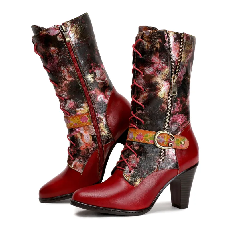 Leather Hand-printed High-heel Knee Boots sold by superladystar