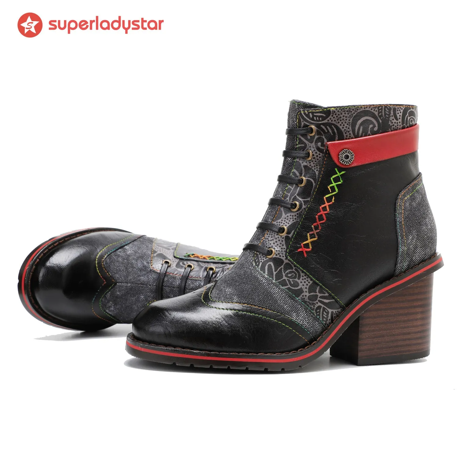 Retro Patchwork Color Contrast Comfort Block Heel Booties sold by superladystar product image thumbnail 2